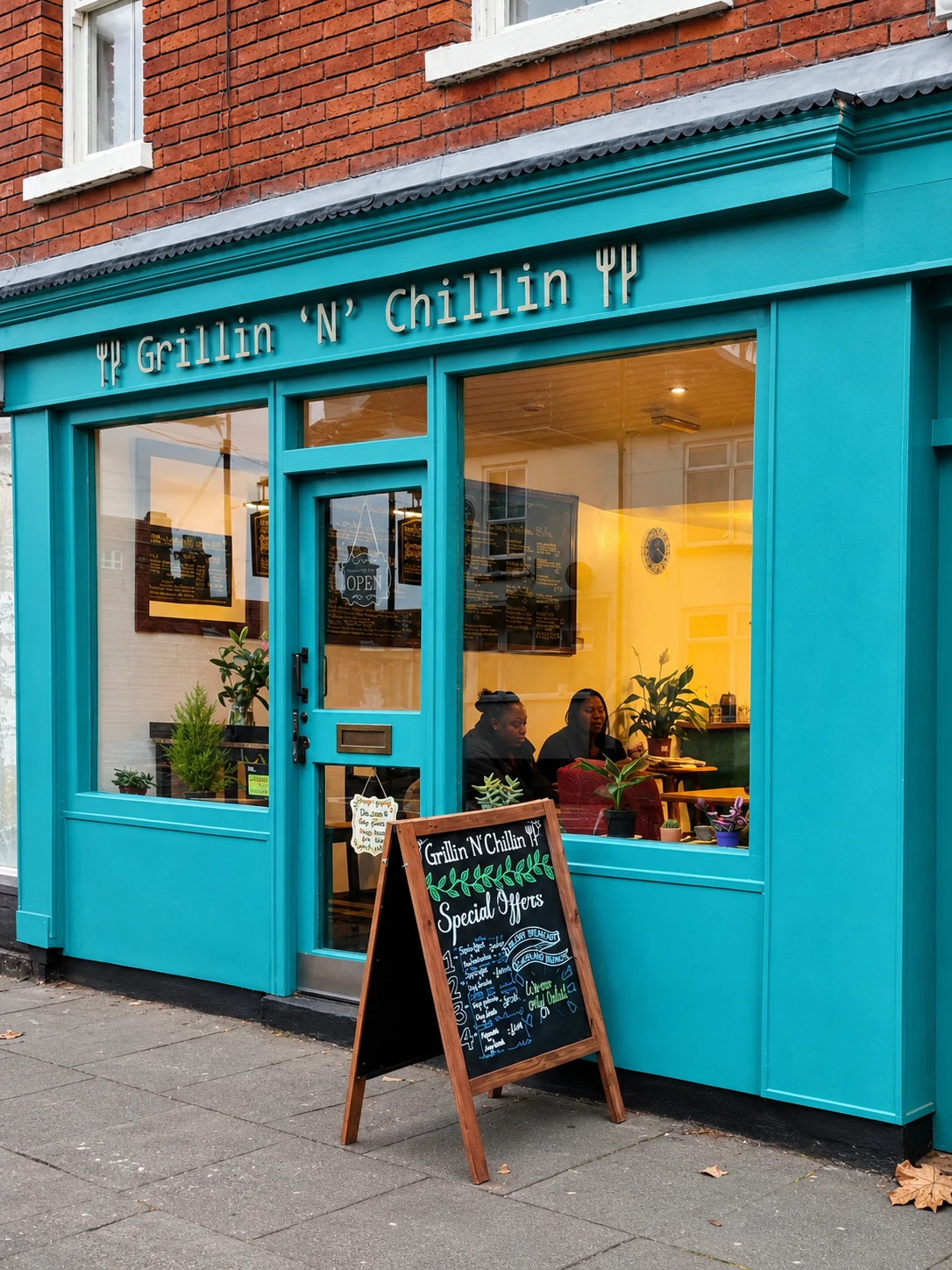 The turquoise Grillin n Chillin storefront on Burton Road with its pavement sign