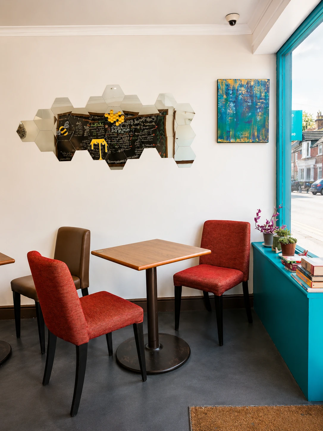 A bright café corner with red chairs, a menu wall and turquoise window trim