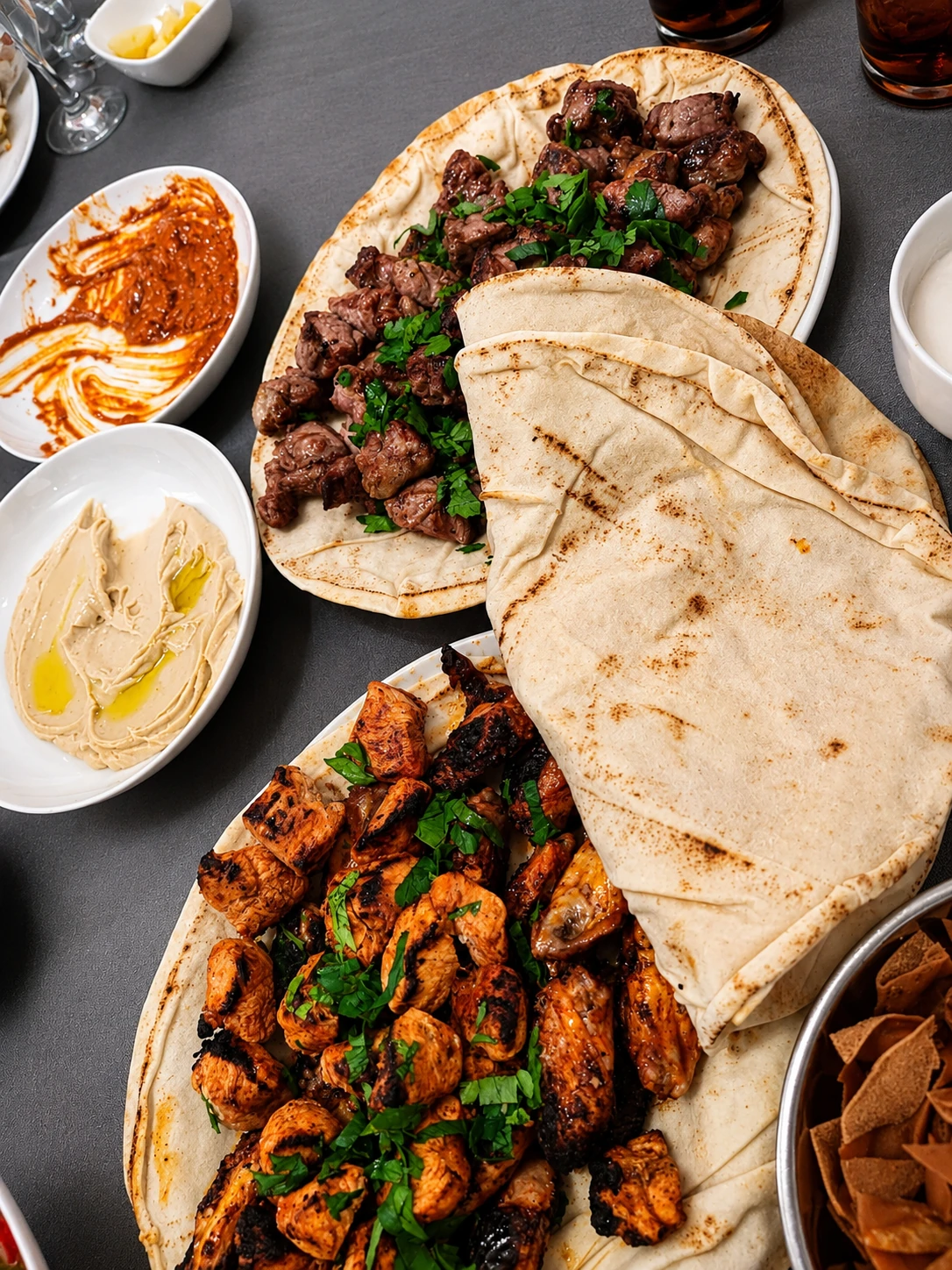 Grilled meat with flatbreads, hummus and sauces