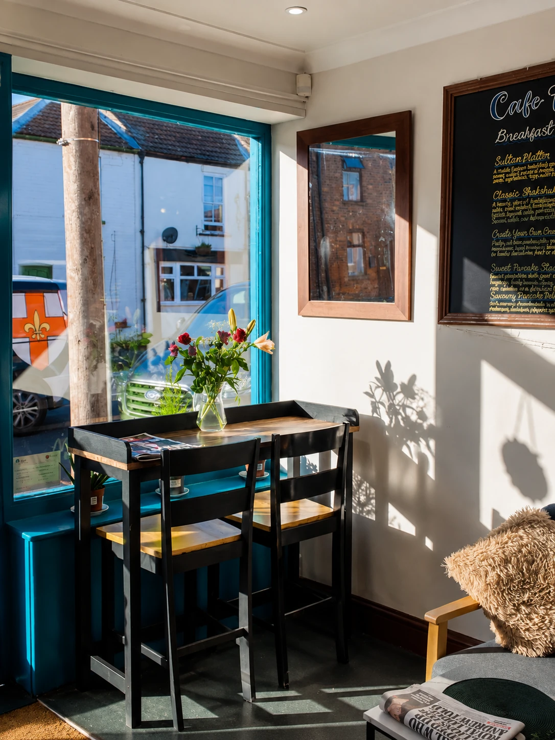 A sunny café table beside the turquoise window and breakfast menu