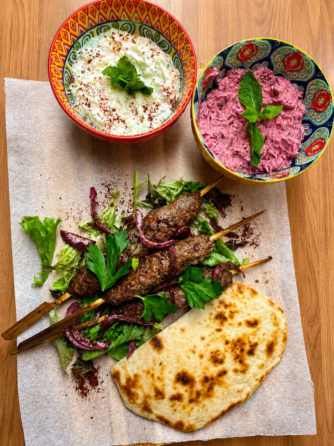 Lamb kofta skewers with salad, flatbread and dips