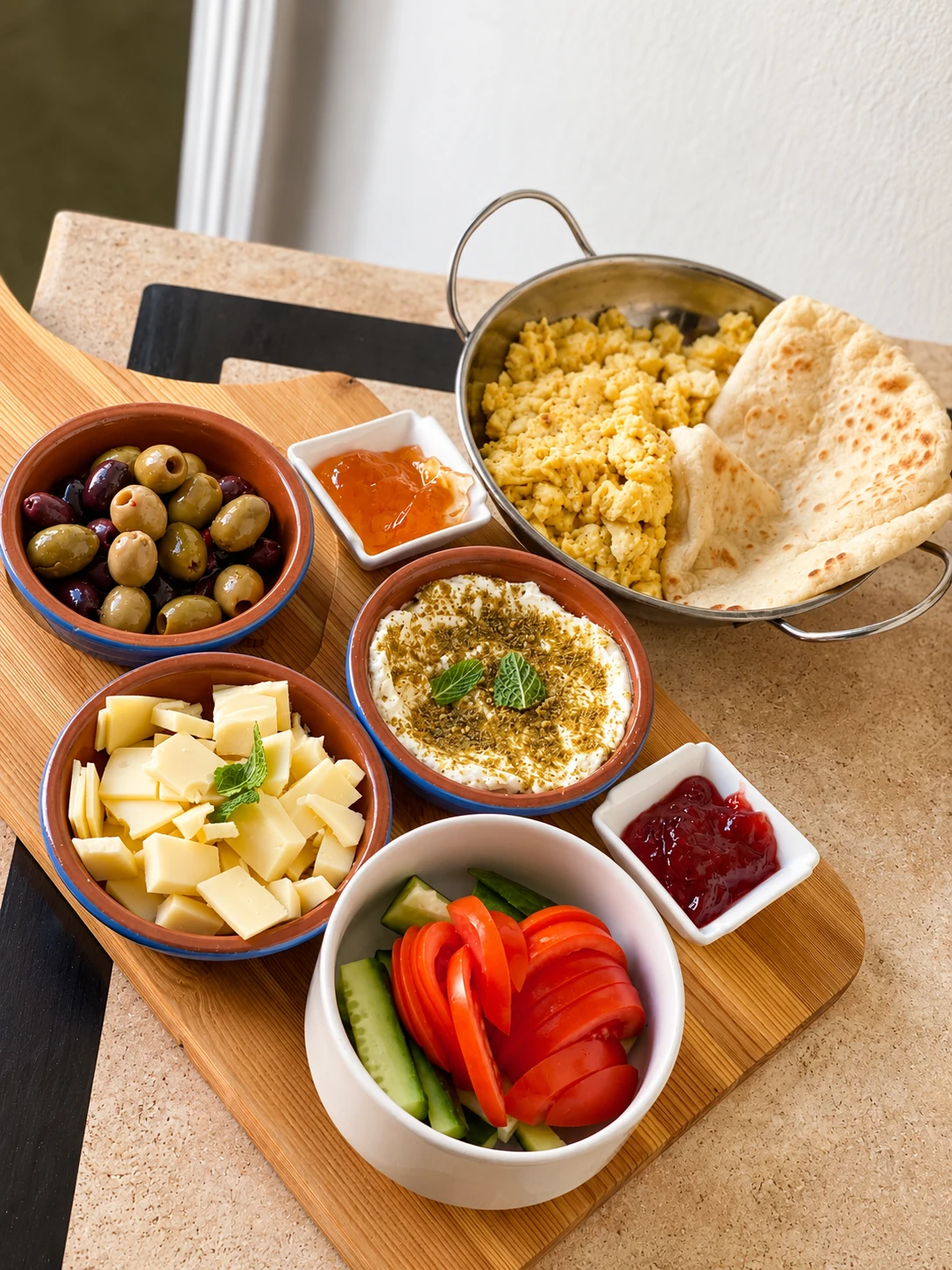 A Middle Eastern breakfast spread with scrambled eggs, flatbread, olives, dips and fresh vegetables